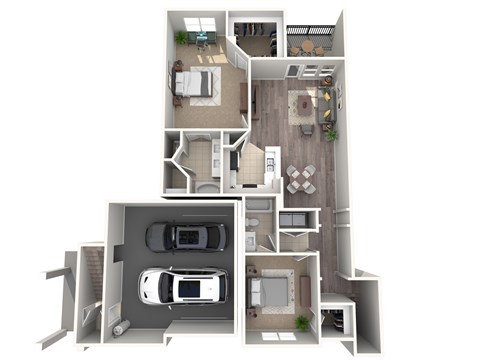 A 3D floor plan of a house with a garage and a car.
